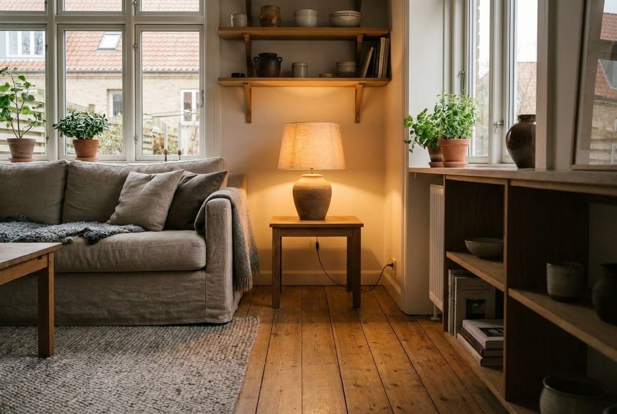 En bordlampe lyser i en hyggelig stue med sofa og plankegulv en tidlig aften