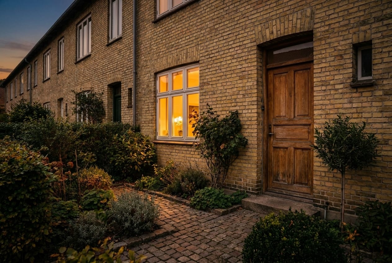 Hoveddøren til et gult murstensrækkehus i skumringen med varmt lys i vinduet