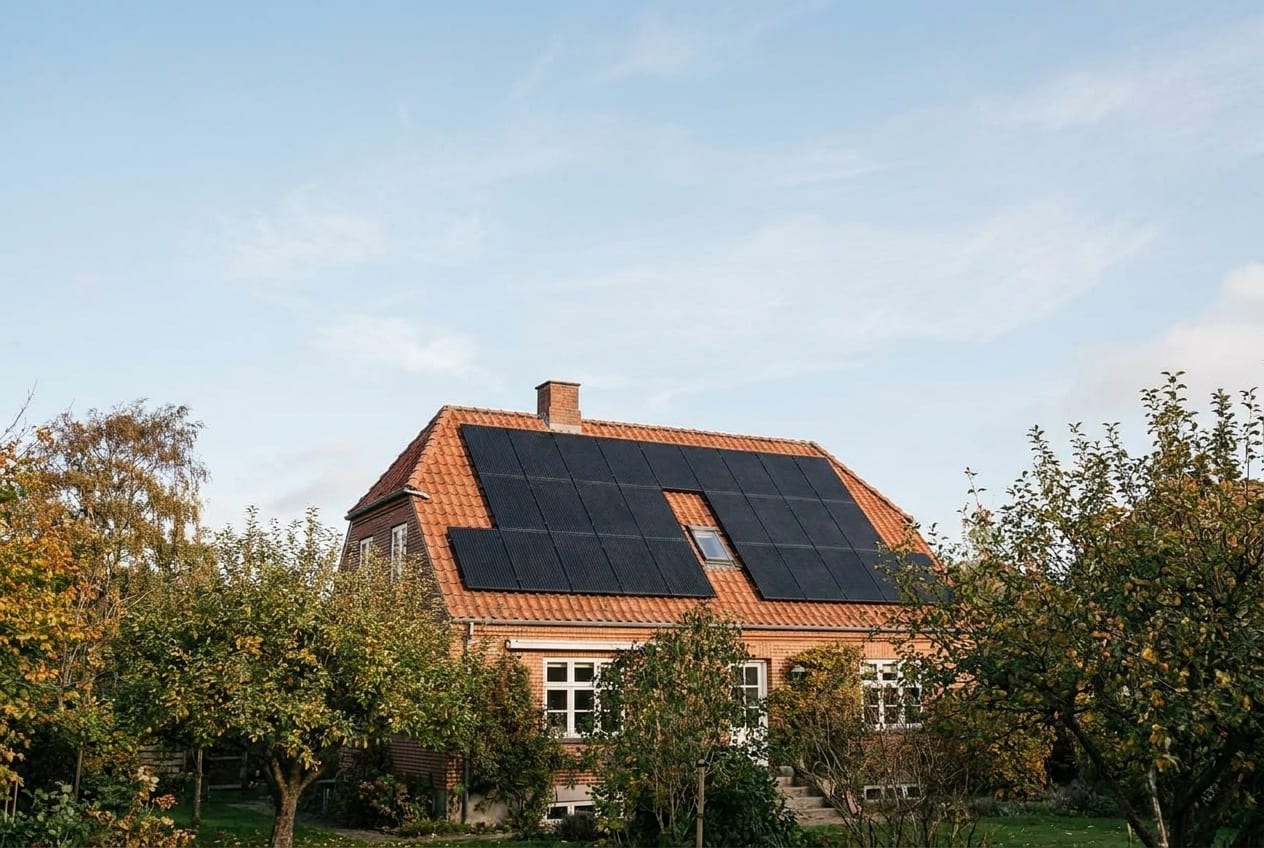 Solceller på det røde tegltag på en dansk villa omgivet af havetræer