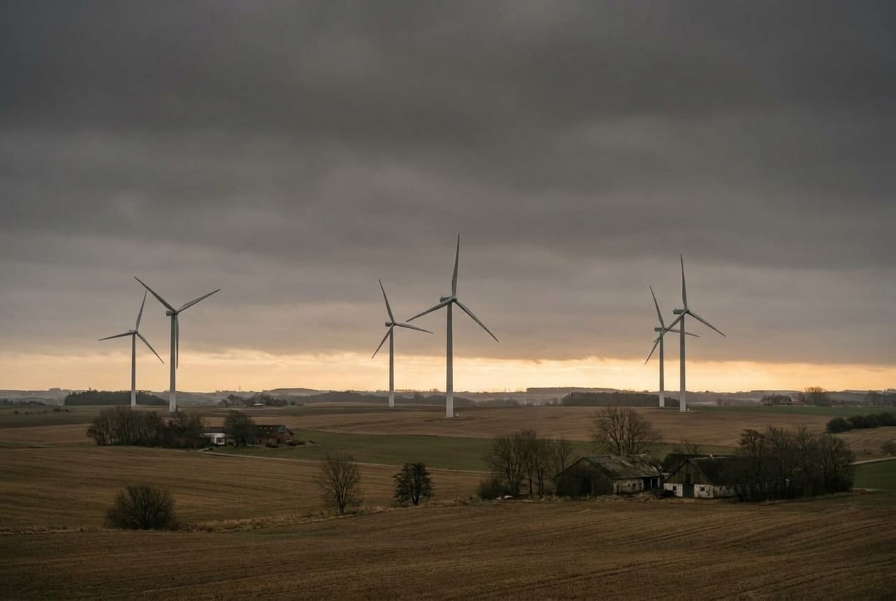 Vindmøller i det danske landbrugsland under en mørk vinterhimmel med lys i horisonten
