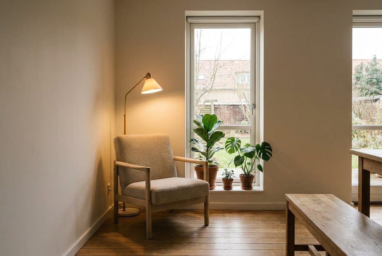 En lille lys lejlighed med en lænestol, en standerlampe og planter ved vinduet