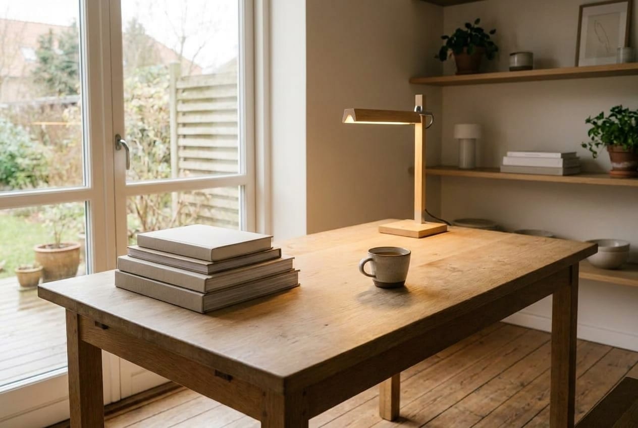Et skrivebord i egetræ ved vinduet med en stak bøger, en bordlampe og en kop te