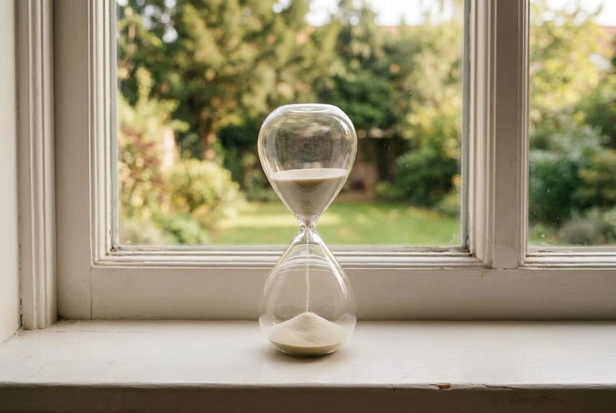 Et timeglas med rindende sand i en vindueskarm med haven udenfor